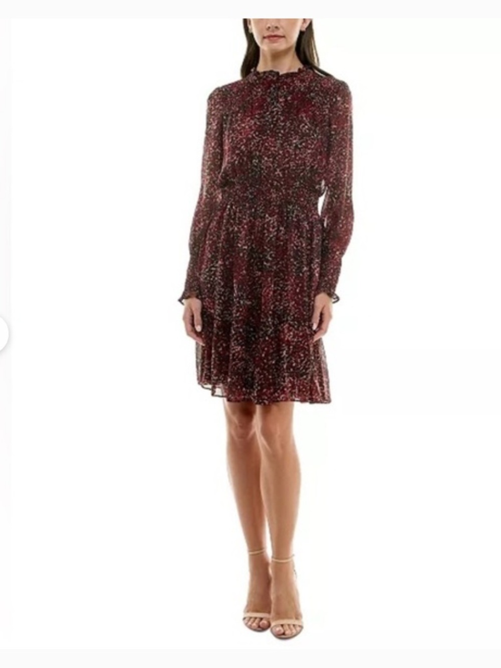 TAYLOR Black Maroon Print Long Sleeve Chiffon Smocked Waist Mini Dress